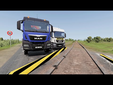 Double Flatbed Trailer Truck vs Speedbumps | Cars vs Rails Beamng.Drive