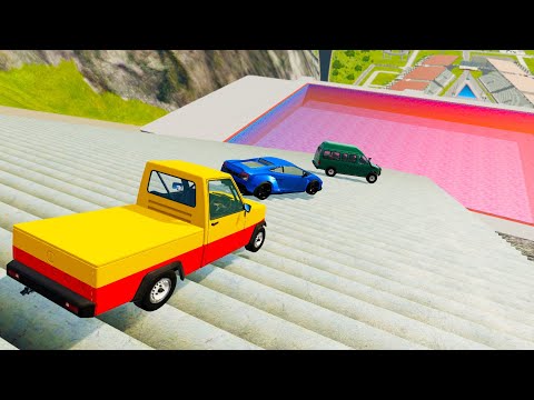 Stairs Jumps Down In Red Pool - BeamNG.drive Down Stairs Jumps In Pool