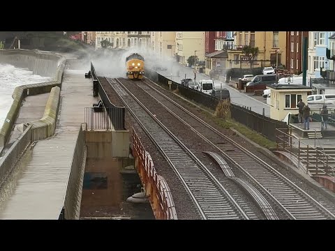 Class 43 HST goodbyes , braving very stormy seas at Dawlish 