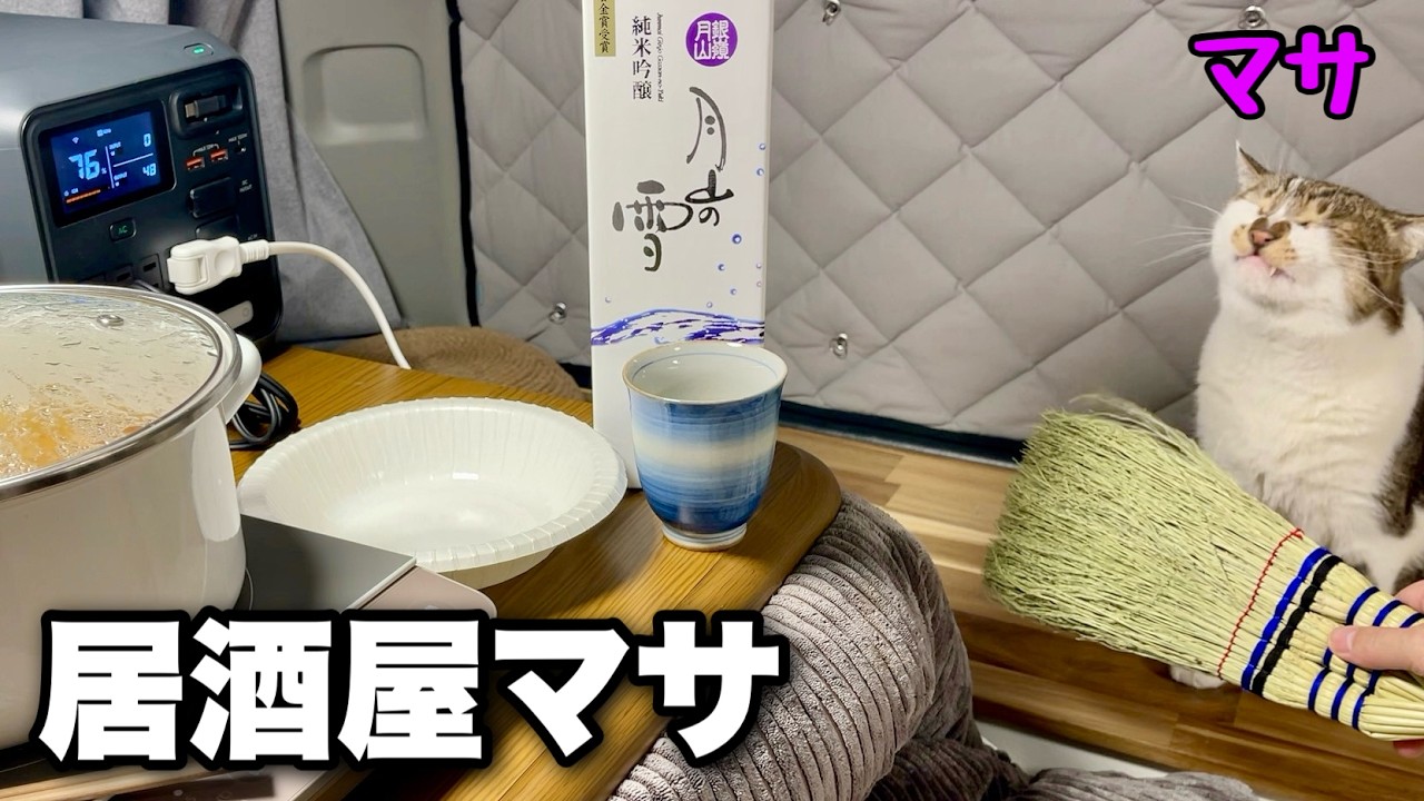 雪の日に車の中で猫と晩酌＆こたつ車中泊｜災害時にも便利なサイズのポータブル電源｜キャンピングカーのようにDIYしたハイエースで猫と車中泊【DJI Power 1000 Mini】