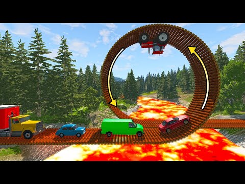 Cars vs Loop Bridge over Lava River - BeamNG.drive