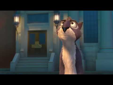The Nut Job trailer still — Surly Squirrel mid-heist sprint across Oakton storefronts, score charging behind