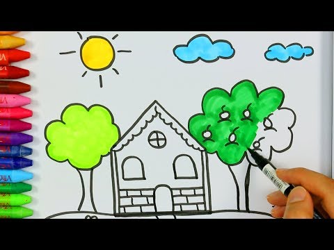 كيفية رسم ولون المنزل مع الشمس-كيفية رسم ولون الاطفال التلفزيون