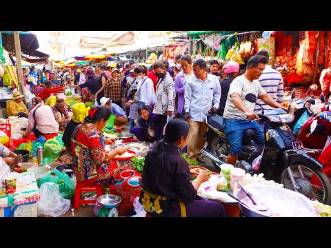 Countryside Everyday Fresh Food and Lifestyle at Cambodian Market - Fresh Vegetable, Fish, Meat