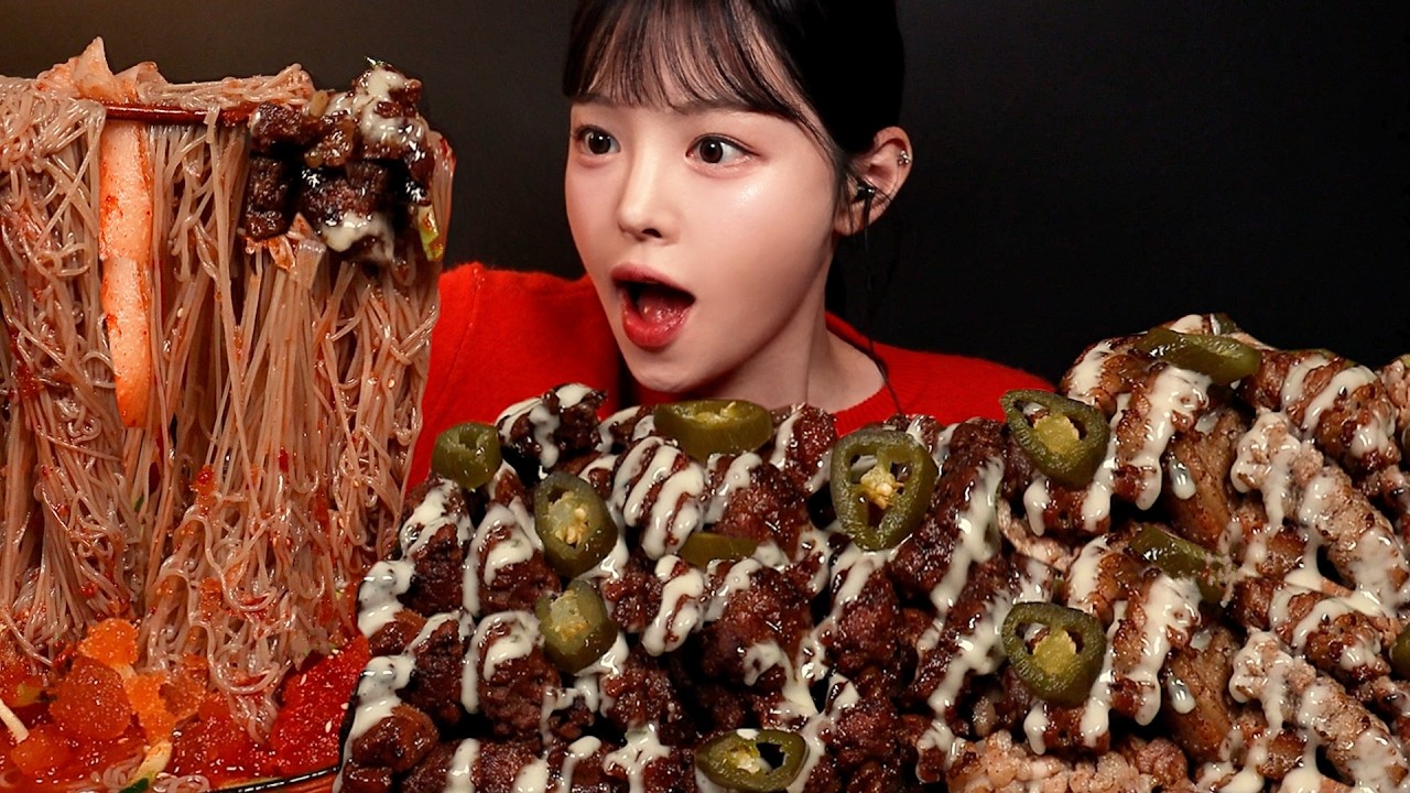 SUB)진짜 돼지파티! 단짠쫀득 고추마요 갈비에 칼집삼겹살 먹방 물비빔냉면 김치볶음밥까지 육식사관학교