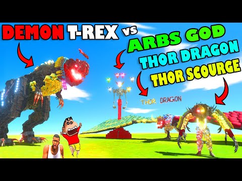DEMON T-REX vs THOR SCOURGE, ARBS GOD and THOR DRAGON | CHOP and SHINCHAN in ANIMAL REVOLT BATTLE