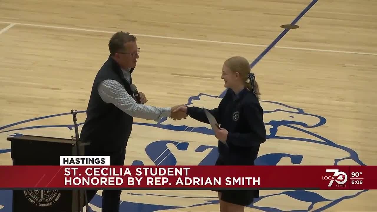 Video: Adrian Smith honors fourth-place Nebraska art winner at St. Cecilia