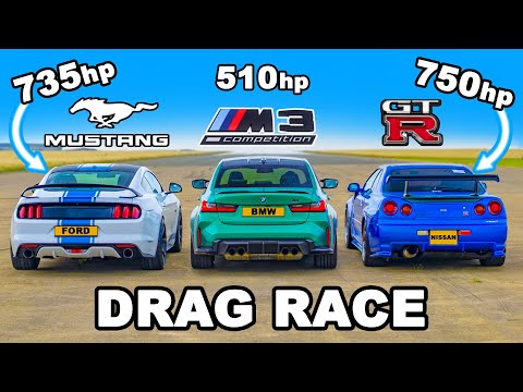 750hp Nissan Skyline R34 GT-R v 735hp Mustang v BMW M3: DRAG RACE