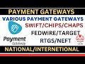Various payment gateways Swift,Chips,Fedwire,Chaps,Target,RTGS,NEFT