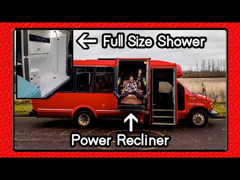 Shuttle bus conversion is a handicap accessible TINY HOME / Huge shower and full size bed