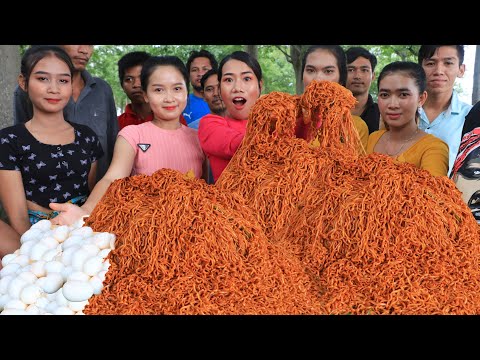 Amazing cooking and eating noodle chili with egg recipe in my big family - Noodle chili recipe