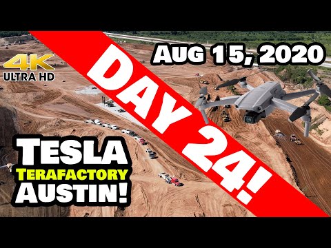 Tesla Gigafactory Austin 4K 8/15/20 - Terafactory TX- Belly Dump Train - Elec Pole Removal - BONUS!