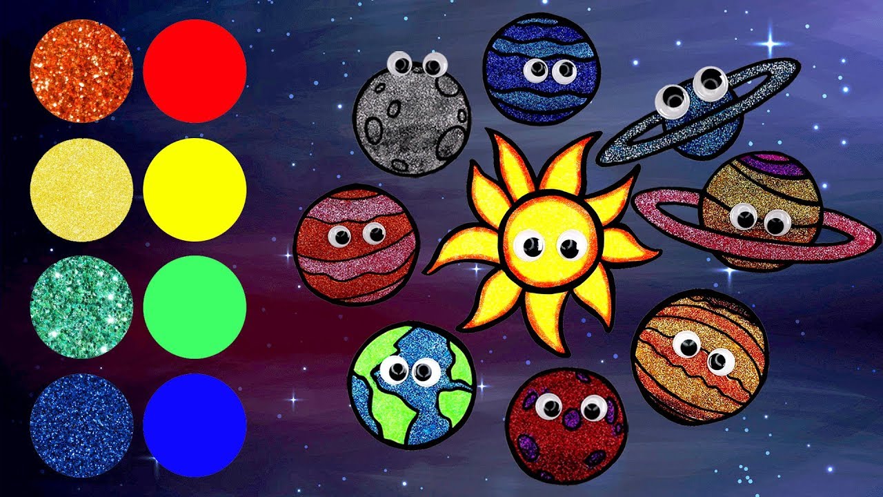Learn Names of the Planets in the Solar System! | Drawing and Coloring with Glitter & Googly Eyes