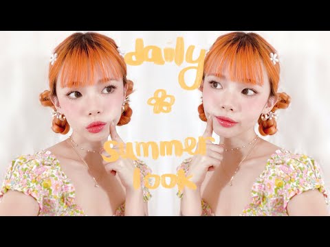 easy 5 minute summer updo + my daily no foundation makeup 🍒🍊💛 thumnail