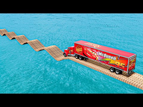 Mack Truck vs Impossible Log Wave Bridge Crossing Cars Vs Deep Water - BeamNG.Drive