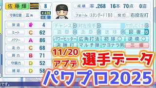 【パワプロ2025】 ver1.14 11/20 アップデート後の能力を眺める【雑談】