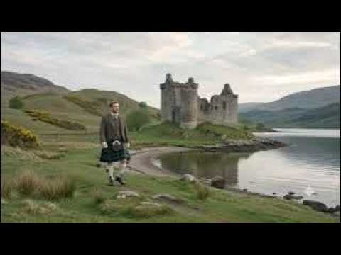 Scotsman Walking Wearing Kilt By A Castle On Spring History Visit To Loch Carron Highlands Scotland