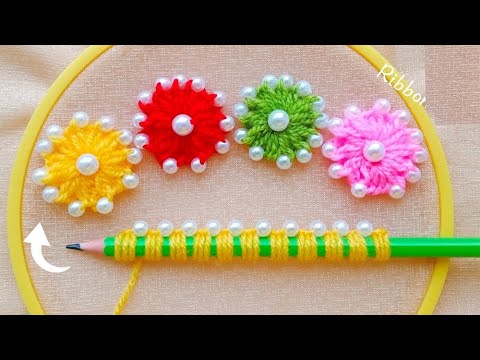 It's so Beautiful 💖🌟 Super Easy Woolen Flower Making Idea with Pencil - Hand Embroidery Flowers