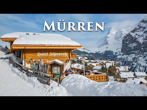 Snowy Walk in Mürren 4K UHD - Heavy Snowfall in Switzerland - Relaxing Snowfall Video, Travel Vlog
