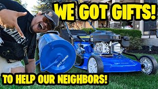 GOT GIFTS a LAWN MOWER & PEAT MOSS SPREADER to help our NEIGHBORS OVERSEEDING PROJECTS! 😩