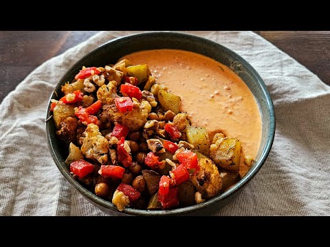 Why I Can't Stop Eating This: Roasted Vegetables & Chickpeas  with a Red Pepper Feta Dip !