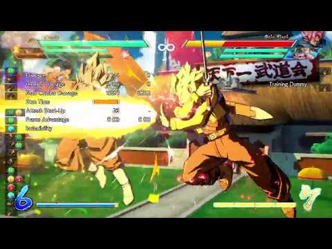 DBFZ Trunks mid-screen combo off 2H (3 bar start, 9885 damage, Trunks / Bardock / SSJ Goku)
