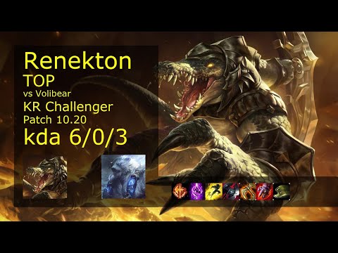 Renekton vs Volibear Top - KR Challenger 6/0/3 Patch 10.20 Gameplay // [롤] 레넥톤 vs 볼리베어 탑