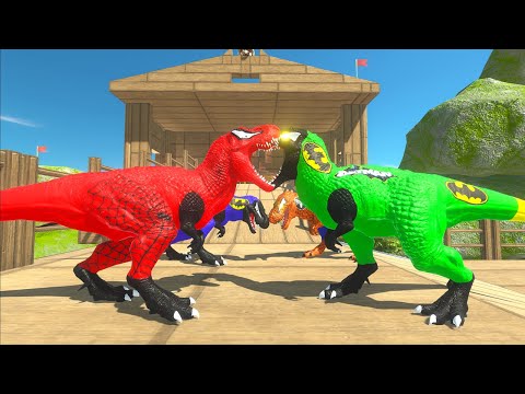 SPIDERMAN T-REX COUPLE VS BATMAN T-REX COUPLE WAKE WOOD DEATH RUN - Animal Revolt Battle Simulator