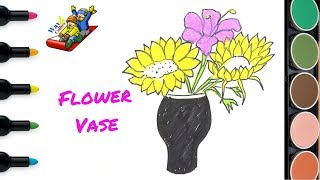 Flower vase drawing step by step | Coloring pages for kids with colored makers