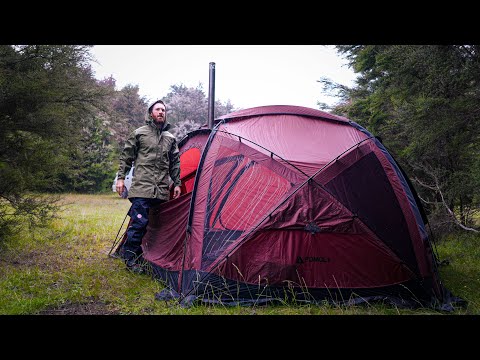 CAMPING In The RAIN - Wood Stove Pasta Bolognese. RAINY COZY Hot Tent Camping 