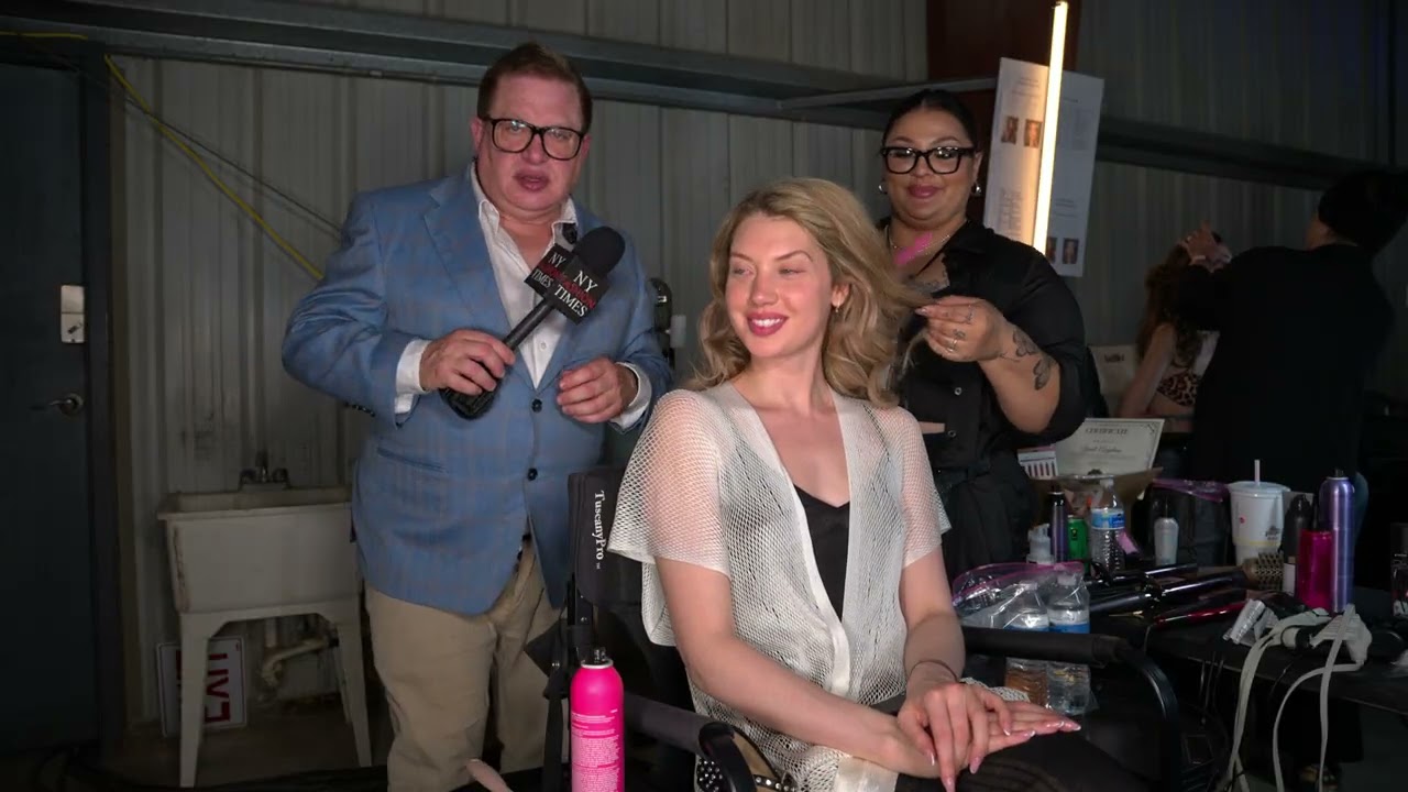 Model Kristina Lubovna interviewed at hair prep for Super Model Mgmt Coachella Fashion Show