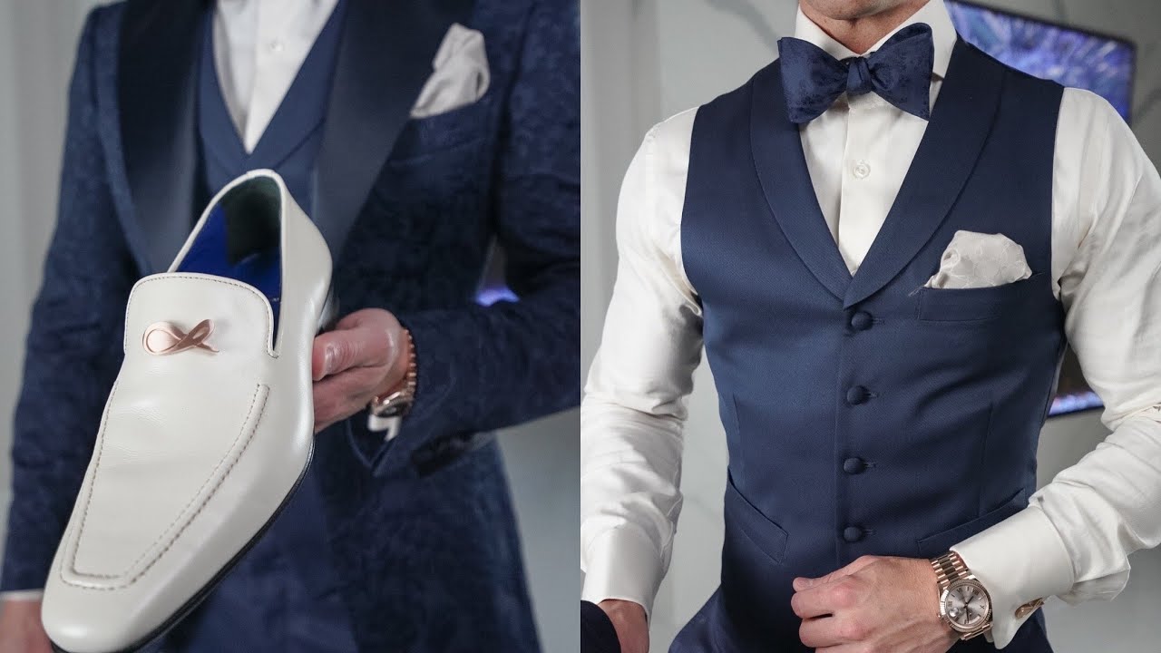 Navy Blue Tuxedo | Ivory High Collar Shirt | White Loafers #shorts