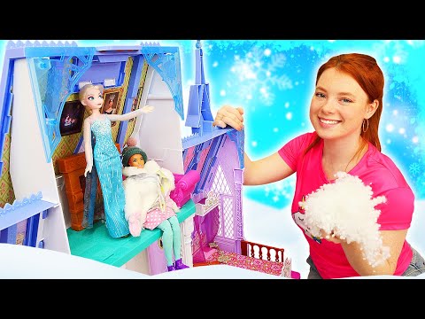 Barbie und Elsa Frozen Puppen Video für Kinder. Barbie mag die Kälte nicht. Magisches Schloss