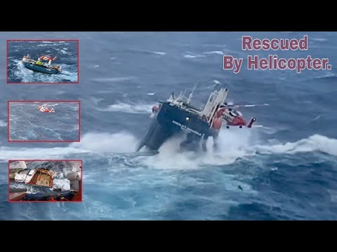 Helicopter Rescue operation for Dutch Cargo ship Eemslift Hendrika in rough sea at Norwegian Sea.