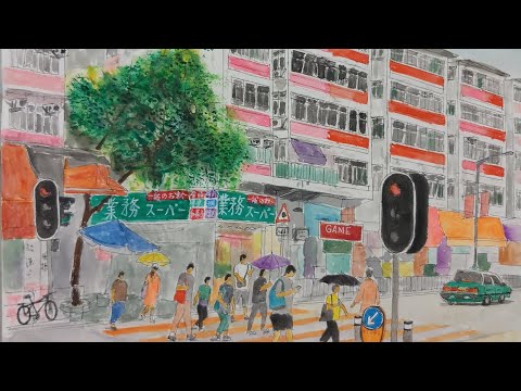 塗鴉2。水彩畫。香港大埔。(懷仁街、大光里/鄉事會街、太和橋/林村河、廣福道)。