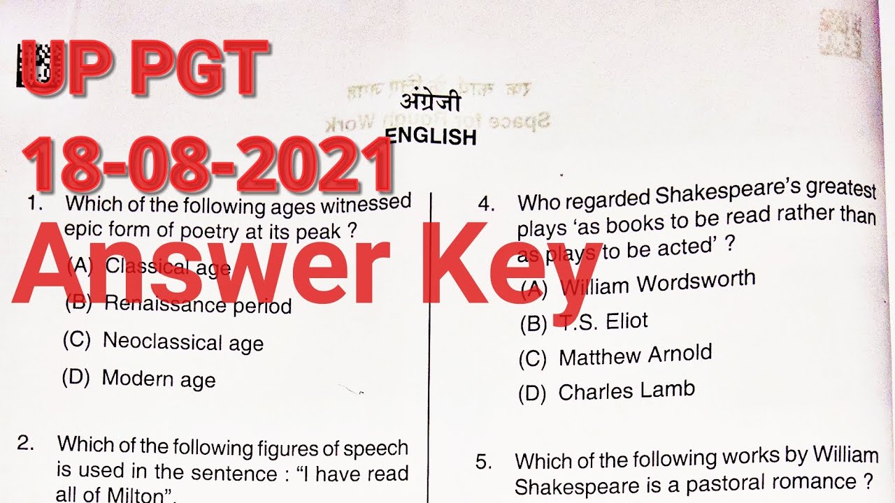 UP PGT ENGLISH 2021 Answer Key 18 August 2021 | UP PGT Expected cut off | UP PGT 2021 Question paper