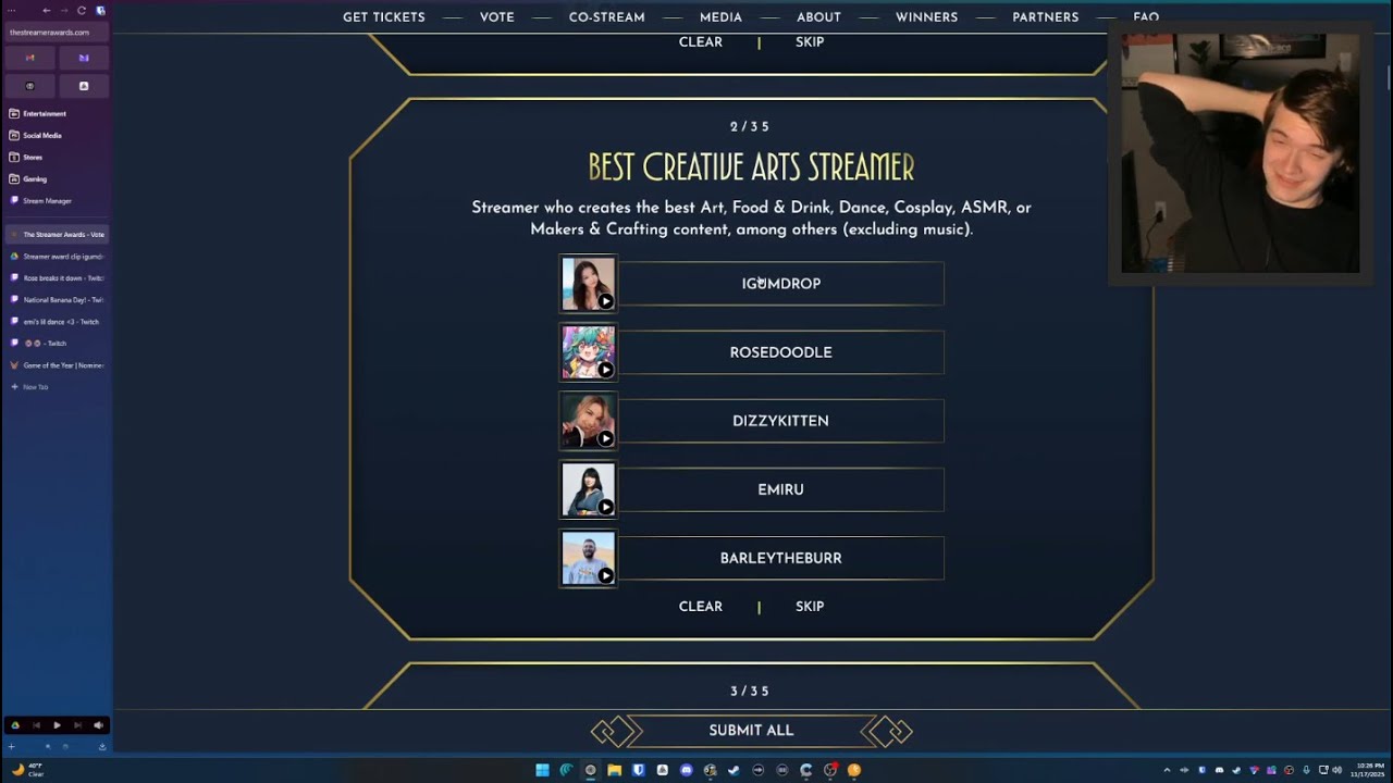 Voting on The 2025 Streamer Awards and trying to vote on The Game Awards...