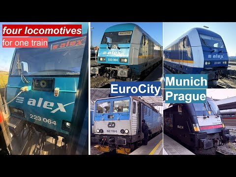 Empty Eurocity Train Munich-Prague, pulled by 4 different locomotives