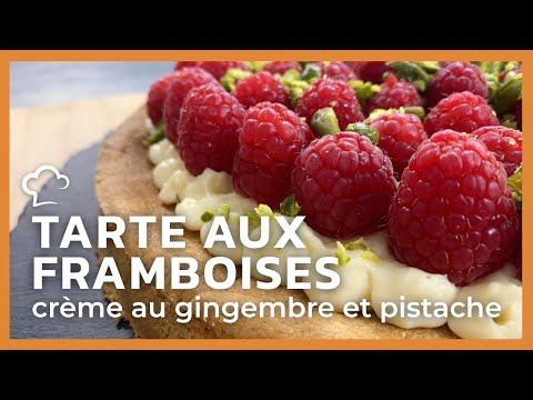 Tarte aux framboises, crème au gingembre et pistache