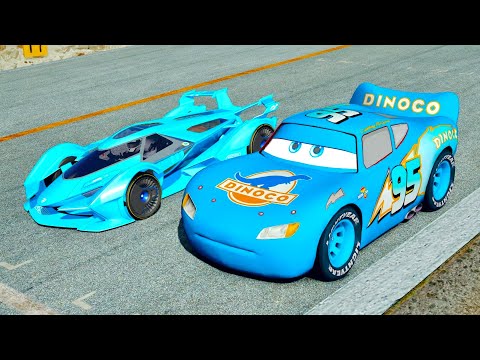 Lightning McQueen Dinoco vs Lamborghini V12 Vision GT Smurfs Edition - Drag Race 10 KM
