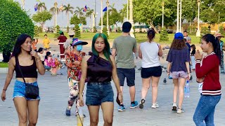 Phnom Penh Park Evening View People Enjoy Walking Tour | CAMBODIA 2023