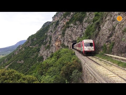 Main line trains at Trachina rail pass, April 2017.