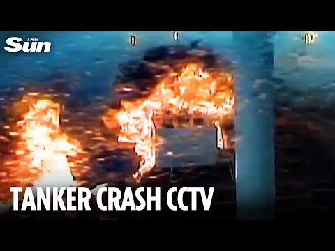 Terrifying moment oil tanker EXPLODES after container ship crashes into it off UK coast killing one