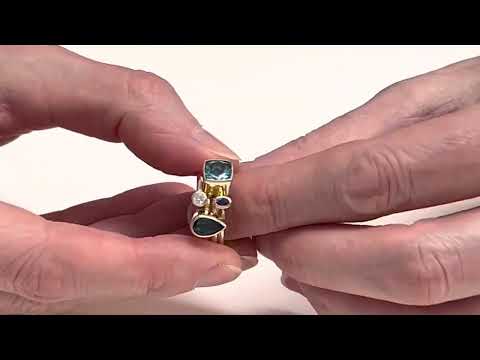 Set of four 9ct gold diamond topaz and sapphire rings by Leigh Fotheringham Jewellery