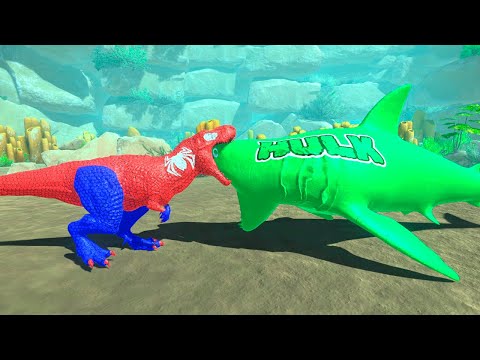 SPIDER-MAN T REX vs HULK SHARK DEATHRUN - Animal Revolt Battle Simulator