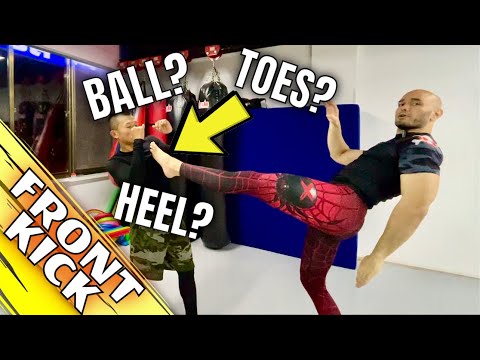 Front kick, Push kick, Teep. Ball of the foot? Heel? Or Flat of the foot?
