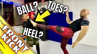 Front kick, Push kick, Teep. Ball of the foot? Heel? Or Flat of the foot?