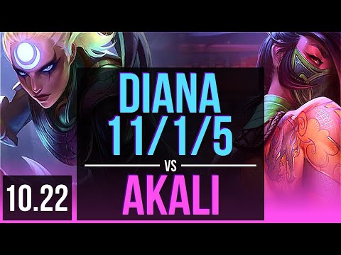 DIANA vs AKALI (MID) | 11/1/5, 69% winrate, 6 solo kills, Dominating | NA Grandmaster | v10.22