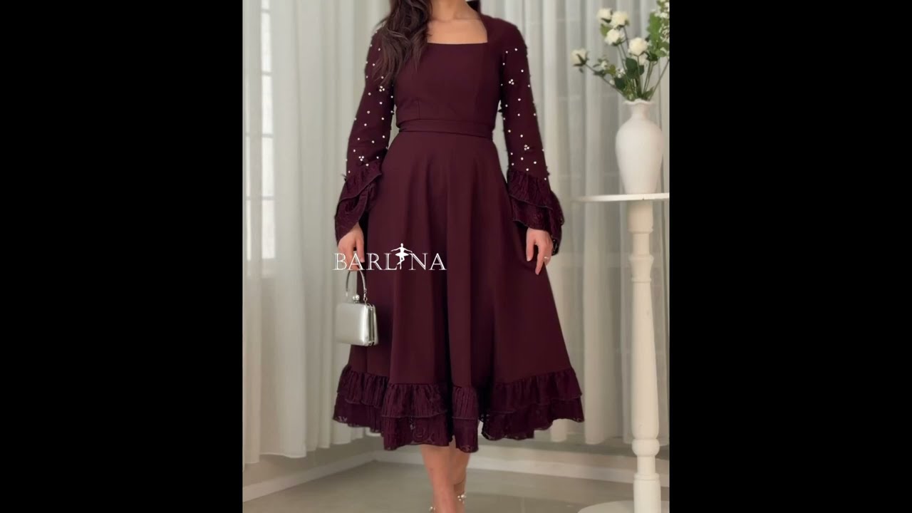 Burgundy midi dress with embellished sleeves - M