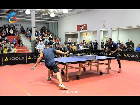 疫情解封后的首场北美国际乒乓球赛事在万锦举行.优拉公司总裁Richard Lee对Winston Kalicharan